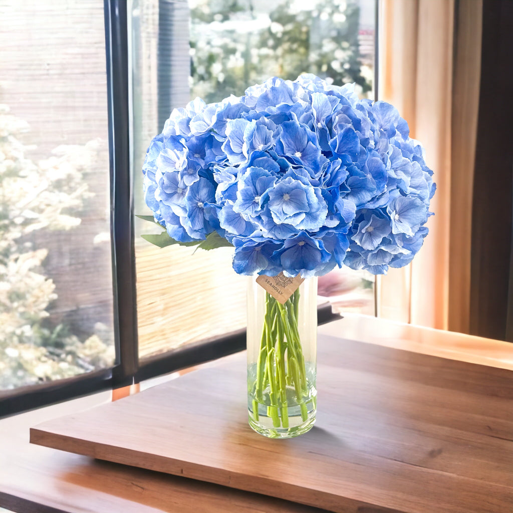 Real Touch Blue Hydrangea Arrangement in Glass Vase, French